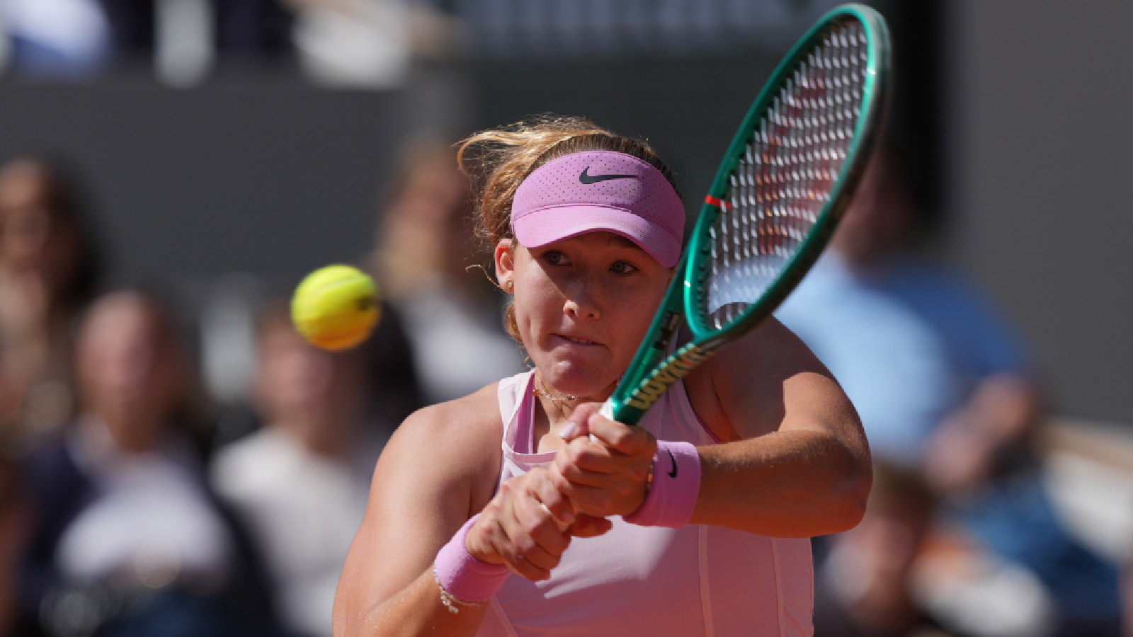 Russia's Mirra Andreeva returns during the final tennis match against Poland's Maja Chwalinska at the French Open in Paris, Saturday, June 6, 2026. (AP Photo/Thibault Camus)