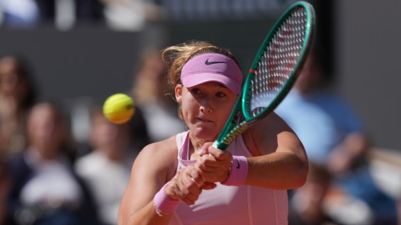 Russia's Mirra Andreeva returns during the final tennis match against Poland's Maja Chwalinska at the French Open in Paris, Saturday, June 6, 2026. (AP Photo/Thibault Camus)