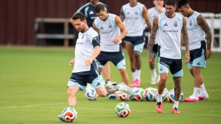 Lionel Messi trains alongside his Argentina teammates at Ellis Field College Station, Texas ahead of the tournament. (AP)