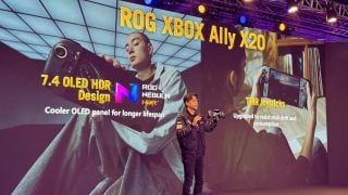 Kris Huang, General Manager of ASUS Gaming and Workspace Gear Business Unit, showcases the ROG Xbox Ally X20 during the ROG 20th anniversary event in Taipei, Taiwan. (Image: Bijin Jose/The Indian Express)