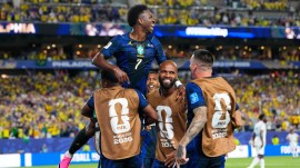 Brazil's Vinicius Junior (7) celebrates after scoring his side's third goal during the World Cup Group C soccer match between Brazil and Haiti in Philadelphia, Friday, June 19, 2026. (AP Photo/Petr David Josek)