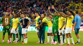 Brazil players celebrate after the World Cup Group C soccer match between Scotland and Brazil in Miami Gardens, Fla., Wednesday, June 24, 2026. (AP Photo/Lynne Sladky)