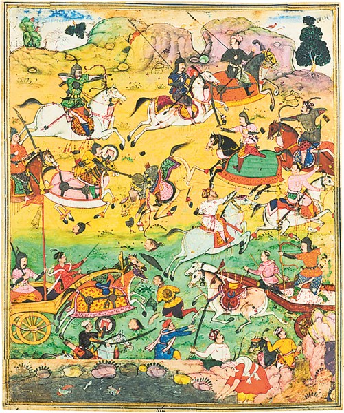 A depiction of the battle between Duryodhana and Bhima in Razmnama