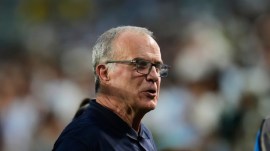 Uruguay head coach Marcelo Bielsa reacts at the end of the World Cup Group H soccer match against Saudi Arabia in Miami Gardens, Fla., Monday, June 15, 2026. (AP Photo/Rebecca Blackwell)