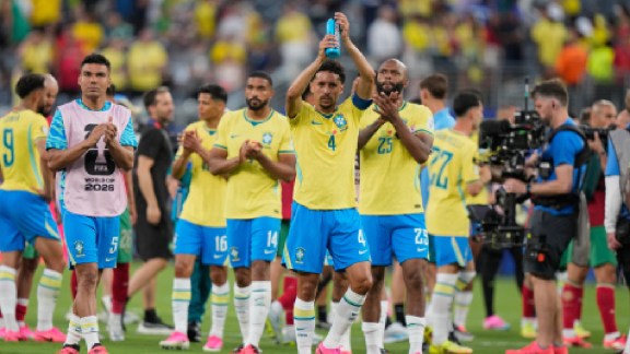 Players of Brazil leave the pitch at the end of the World Cup Group C soccer match against Morocco in East Rutherford, N.J., near New York, Saturday, June 13, 2026. (AP Photo/Frank Franklin II)