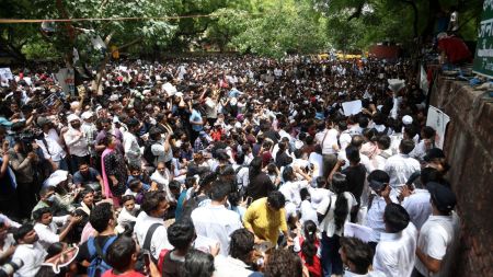 Cockroach Janta Party (CJP) founder Abhijeet Dipke led a protest at Jantar Mantar in New Delhi on Saturday, (Express Photo by Gajendra Yadav)