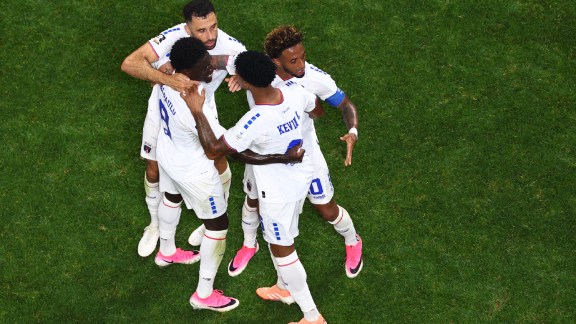 Players of Cape Verde celebrate after the World Cup Group H soccer match against Spain in Atlanta, Monday, June 15, 2026. (AP Photo/Colin Hubbard)