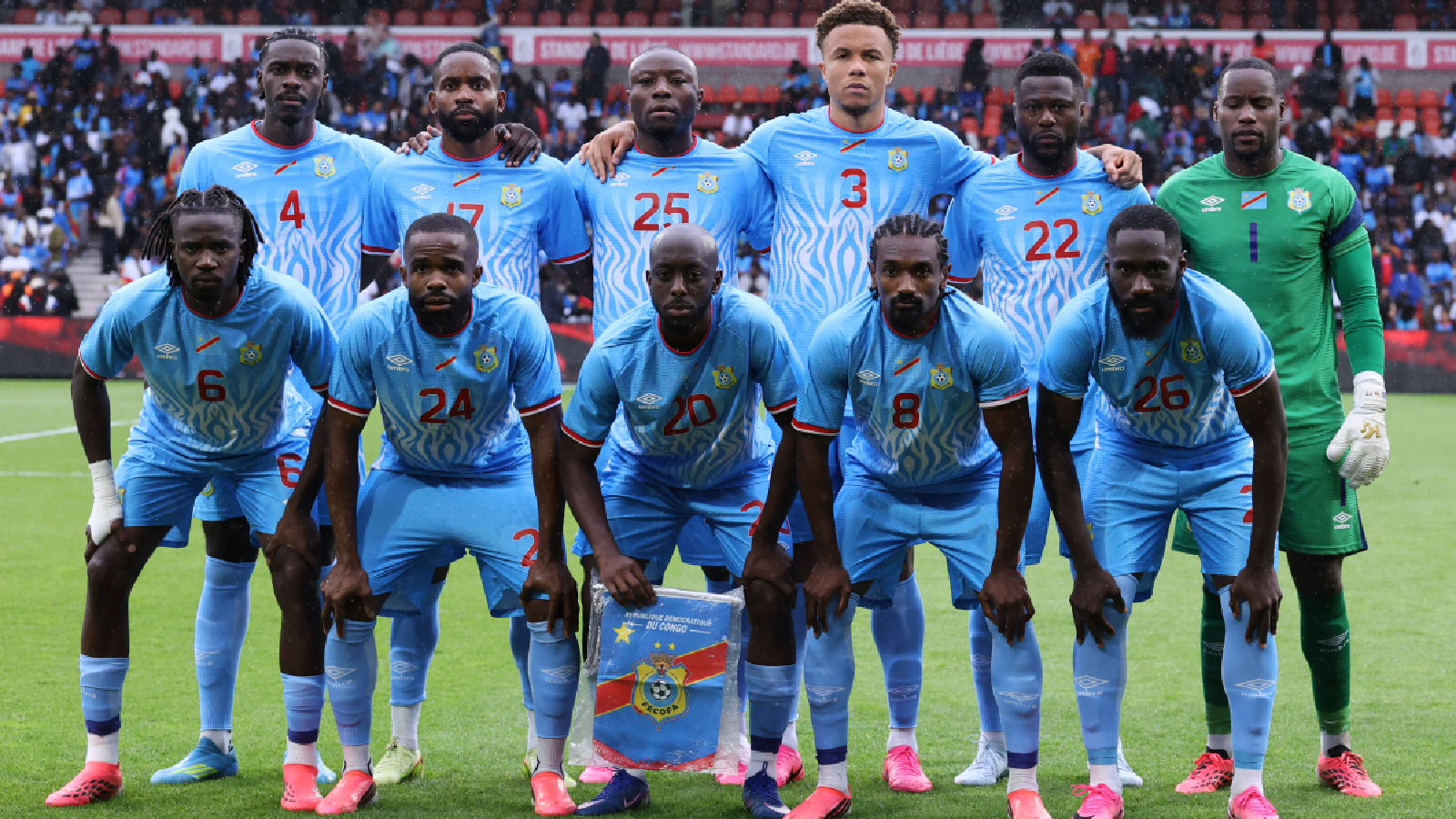 Players of Congo pose before the international friendly soccer match between DR Congo and Denmark in Liege, Belgium, Wednesday, June 3, 2026. (AP Photo/Omar Havana)