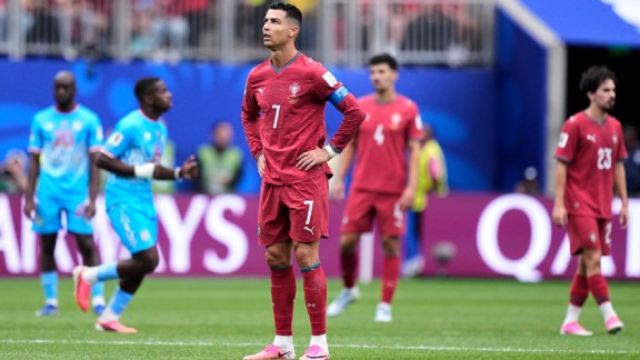 Portugal's Cristiano Ronaldo reacts during the World Cup Group K soccer match between Portugal and Congo in Houston, Wednesday, June 17, 2026. (AP Photo/Ashley Landis)