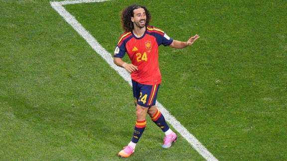 Spanish player Marc Cucurella (24) reacts to a missed shot during the World Cup Group H soccer match between Spain and Cape Verde in Atlanta, Monday, June 15, 2026. (AP Photo/Jacob Kupferman)