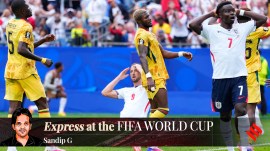 England's Harry Kane (9) reacts after missing a shot on goal during the World Cup Group L soccer match between England and Ghana in Foxborough, Mass., near Boston, Tuesday, June 23, 2026. (AP Photo/Petr David Josek)