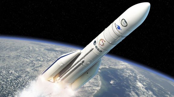 An Ariane 6 rocket stands on the launch pad in French Guiana ahead of a mission carrying 36 Amazon Leo internet satellites into low-Earth orbit. (Image: X/ESA)