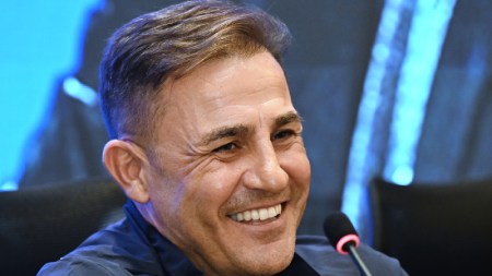 Former Italy defender Fabio Cannavaro, the new coach of the Uzbekistan national soccer team, smiles during his news conference in Tashkent, Uzbekistan, Monday, Oct. 6, 2025. (AP Photo/File)