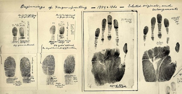 Fingerprints taken by William James Herschel  between 1859-1860 and indexed by him (Wikimedia Commons)