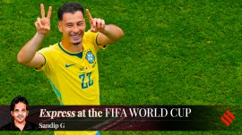 Brazil's Gabriel Martinelli (22) celebrates at the end of the World Cup round of 32 soccer match between Brazil and Japan in Houston. (AP Photo)