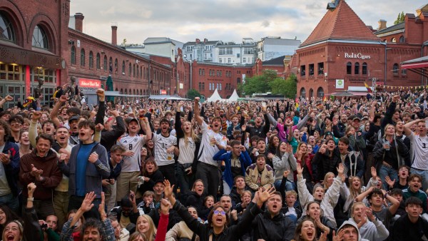 German fans watch FIFA World Cup match between Germany and Curacao, in the inner courtyard of the Kulturbrauerei in Berlin. (AP)
