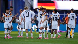 Germany players are dejected at the end of the World Cup round of 32 soccer match between Germany and Paraguay in Foxborough, Mass., near Boston, Monday, June 29, 2026. (AP Photo/Petr David Josek)