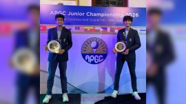 Chandigarh golfers Harjai Milkha SIngh (right) and Krish Chawla after winning the boys’ team title for India in the 2026 Asia-Pacific Golf Confederation (APGC) Junior Championships at Columbo on Friday. Singh also won the runner-up trophy in the individual boys’ event. (Express photo)