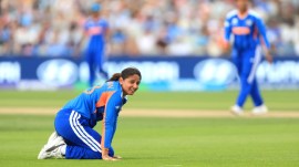 India's Harmanpreet Kaur looks on during the ICC Women's T20 World Cup match between India and South Africa, at Emirates Old Trafford, Manchester, England, Sunday June 21, 2026. (Nigel French/PA via AP)