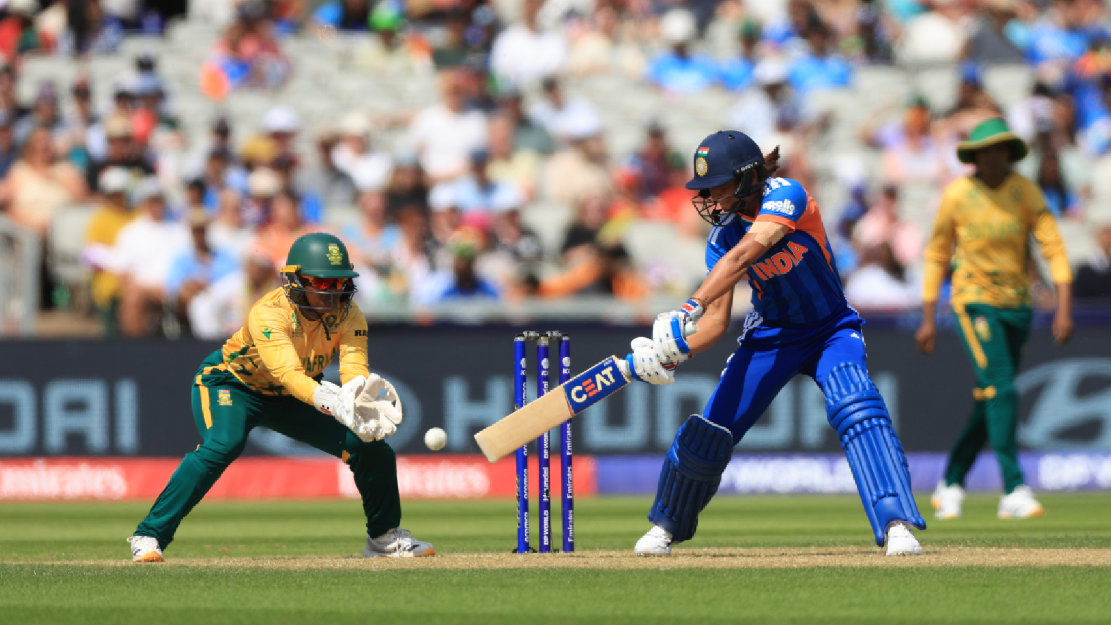 India's Harmanpreet Kaur batting during the ICC Women's T20 World Cup match between India and South Africa, at Emirates Old Trafford, Manchester, England, Sunday June 21, 2026. (Nigel French/PA via AP)