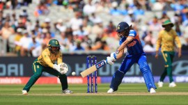 India's Harmanpreet Kaur batting during the ICC Women's T20 World Cup match between India and South Africa, at Emirates Old Trafford, Manchester, England, Sunday June 21, 2026. (Nigel French/PA via AP)