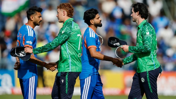 Shreyas Iyer and Axar Patel of India during the 2nd T20 International match between India and Ireland at the Civil Service Cricket Club in Belfast, Northern Ireland, on June 28, 2026.