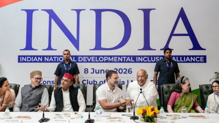 Lok Sabha LoP Rahul Gandhi, Congress President Mallikarjun Kharge, party MP Sonia Gandhi, Samajwadi Party MP Akhilesh Yadav, TMC supremo Mamata Banerjee and others during the INDIA bloc meeting, in New Delhi. (PTI Photo)