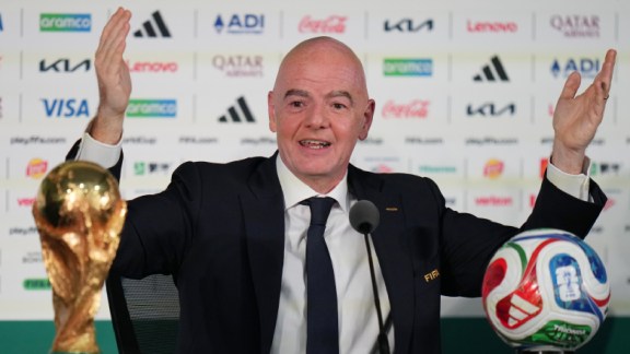 FIFA President Gianni Infantino speaks during a news conference at the stadium in Mexico City, Wednesday, June 10, 2026, a day before the opening FIFA World Cup match between Mexico and South Africa. (AP Photo/Eduardo Verdugo)
