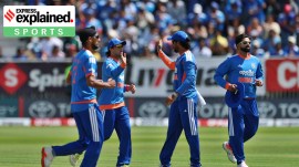 India's cricket players celebrate the wicket of Ireland's Ross Adair during the second T20 Test match between Ireland and India in Belfast, Ireland, June 28.