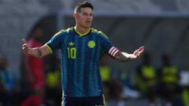 Colombia midfielder James Rodriguez gestures during the second half of an international friendly soccer match against Jordan, Sunday, June 7, 2026, in San Diego. (AP Photo/Gregory Bull)