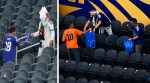 Japan fans clean up trash in the stadium following the FIFA World Cup Group F match against Netherlands. (AP)