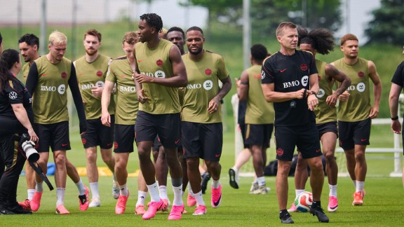 Canada's head coach Jesse Marsch, right, leads his players during a World Cup soccer training session in Toronto, Tuesday, June 9, 2026. (Sammy Kogan/The Canadian Press via AP)