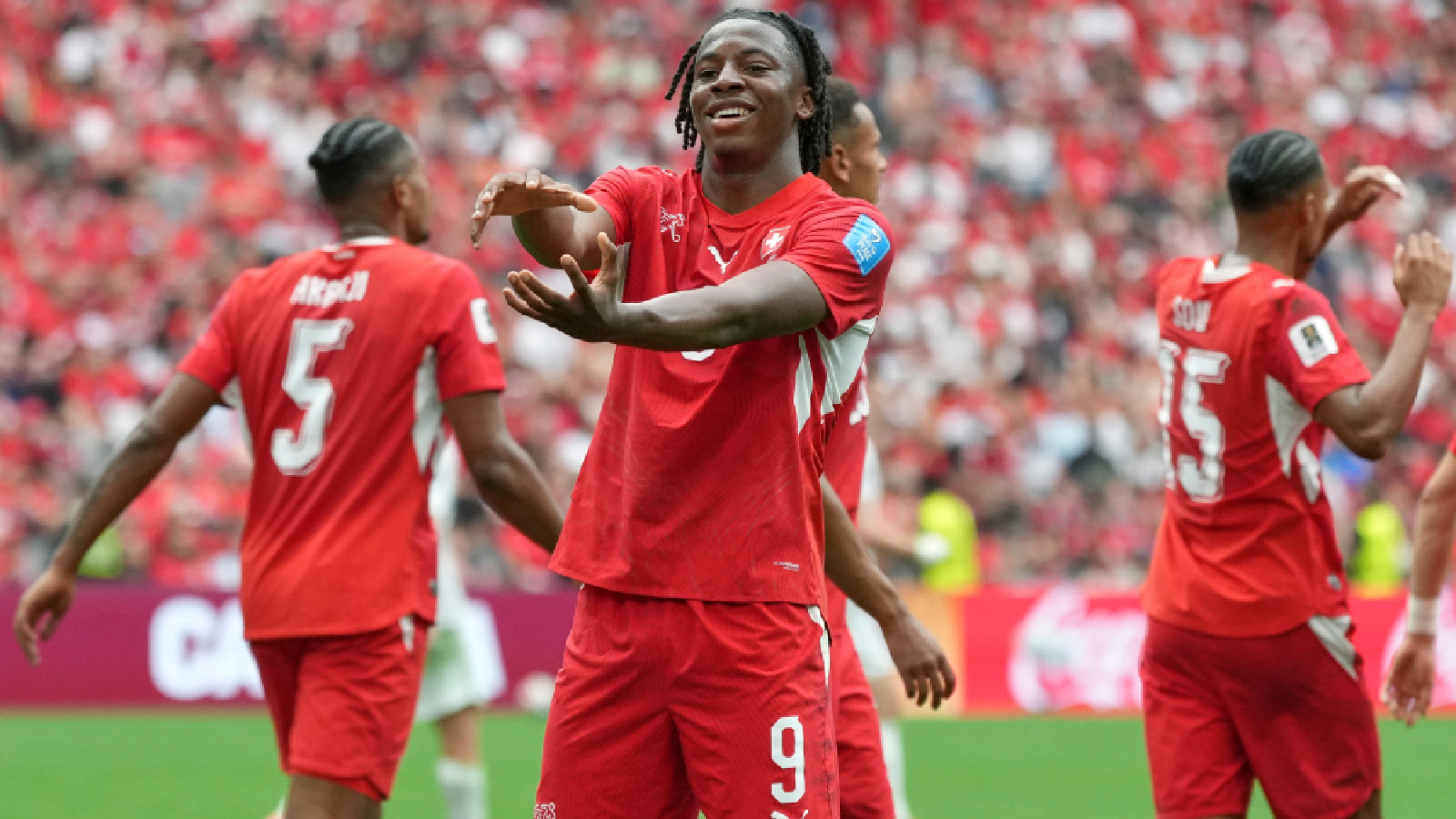 It’s mango – not manga, as Johan Manzambi celebrates 2-1 Swiss win over Canada