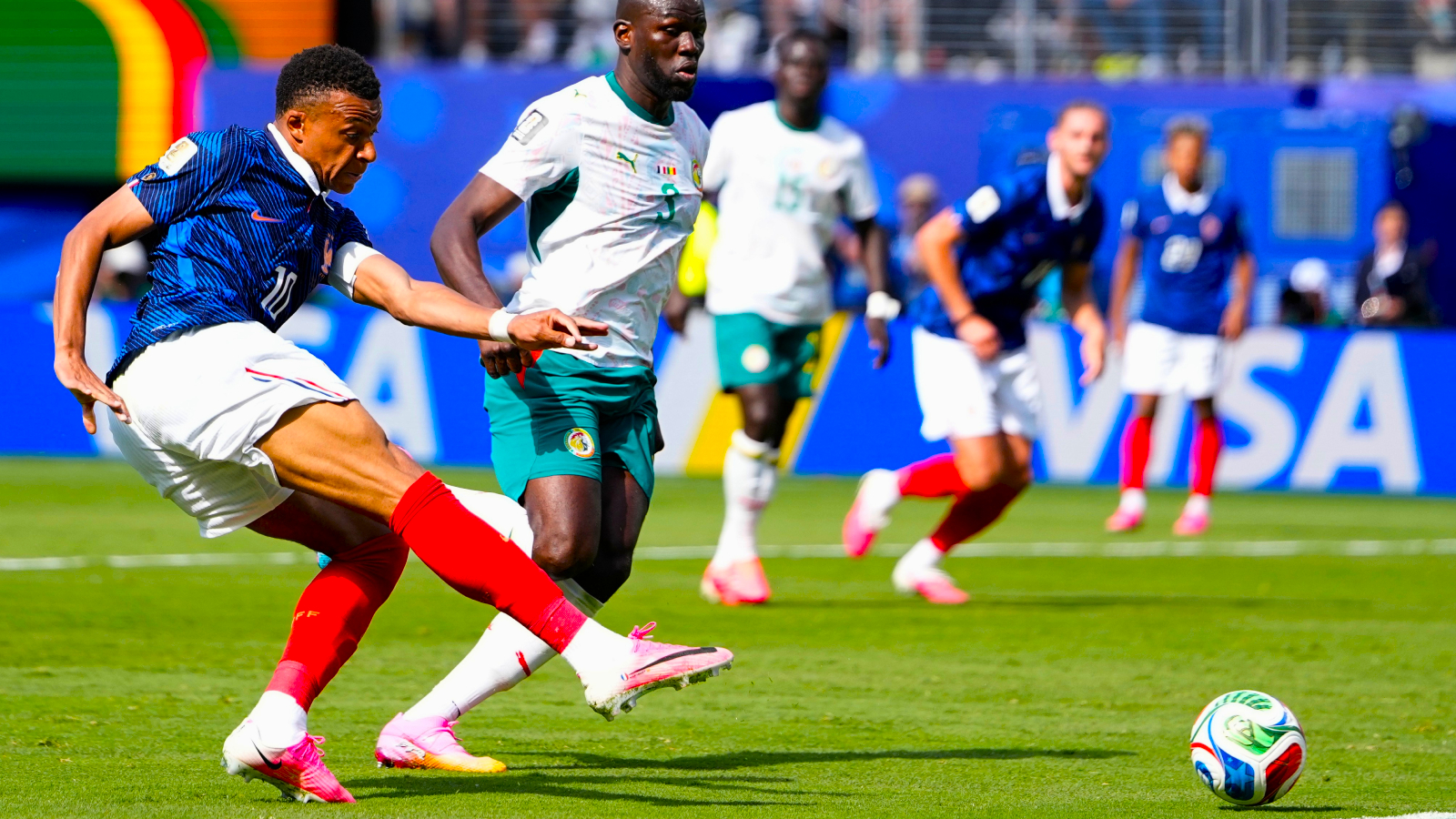 France's Kylian Mbappe scores the opening goal of his team during the World Cup Group I soccer match between France and Senegal in East Rutherford, N.J., near New York, Tuesday, June 16, 2026. (AP Photo)
