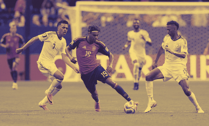 Spain and Barcelona winger Lamine Yamal in action during a football match.