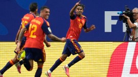 Spain's Lamine Yamal celebrates after scoring the opening goal during the World Cup Group H soccer match between Spain and Saudi Arabia in Atlanta, Sunday, June 21, 2026. (AP Photo/Mike Stewart)