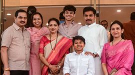 NCP MLC Aniket Tatkare along with his family during a visit at Vidhan Bhavan, in Mumbai, Tuesday, June 23, 2026. (PTI Photo)