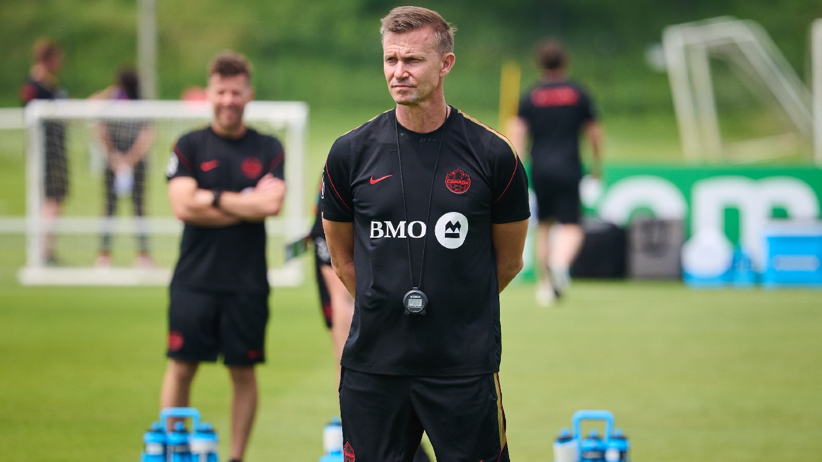 Canada's head coach Jesse Marsch watches during a World Cup soccer training session in Toronto, Tuesday, June 9, 2026. (Sammy Kogan/The Canadian Press via AP)