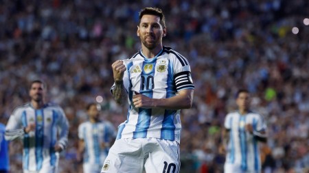 Lionel Messi celebrates his goal on a free kick during the international friendly match against Iceland. (AP)