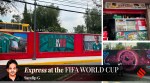 Clockwise: World cup graffiti on Mexico City’s streets; a tortilla shopwith Pele and maradona pics; awomanwalks past street art. (Express photo by Sandip G)