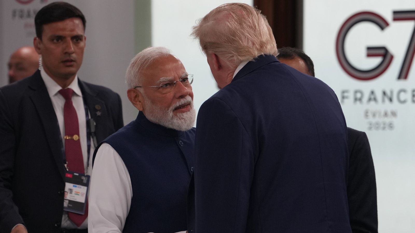 Prime Minister Narenda Modi shakes hands with US President Donald Trump before the plenary session at the G7 summit. (AP Photo)