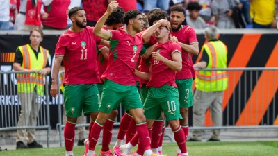 Morocco midfielder Brahim Diaz (10) celebrates after a goal with teammates during an international friendly soccer match against Norway, Sunday, June 7, 2026, in Harrison, N.J. (AP Photo)