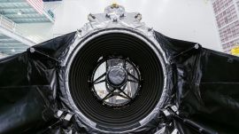 Before launch, the telescope will be enclosed inside a protective payload fairing designed to shield it during ascent through Earth’s atmosphere. (Image: Nasa)