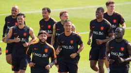 Netherlands team members practice for the FIFA World Cup. (AP Photo)
