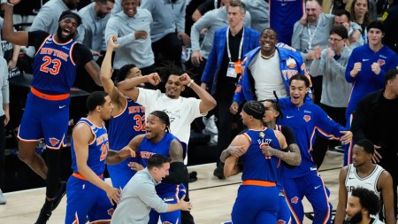 New York Knicks celebrate after defeating San Antonio Spurs in Game 5 of the NBA Finals basketball series, ending 53 years of title drought. (AP)