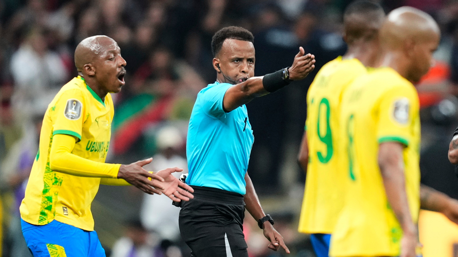 File image of referee Omar Artan, center, signalling a penalty during the CAF Champions League final soccer match between AS FAR Rabat and Mamelodi Sundowns, in Rabat, Morocco, Sunday, May 24, 2026. (AP Photo)