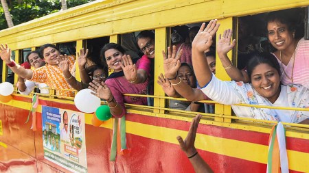 Kozhikode: Women travel in a KSRTC bus after the inauguration of free bus travel for women under the Indira Guarantee Scheme, in Kozhikode, Monday, June 15, 2026. (PTI Photo)