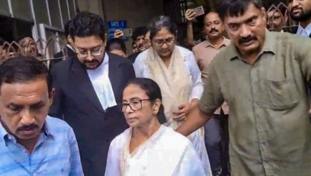 Kolkata, June 16: TMC's Mamata Banerjee exits Calcutta High Court after legally challenging her Bhabanipur assembly election loss to West Bengal CM Suvendu Adhikari. (PTI Photo)