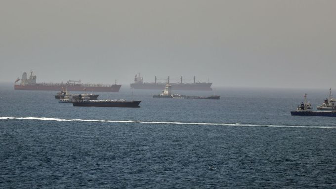 Tankers and cargo vessels are seen in the Gulf of Oman, along shipping routes linking the Strait of Hormuz and the Arabian Sea (AP Photo)