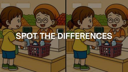 Spot the differences grocery shopping puzzle with 3 hidden changes